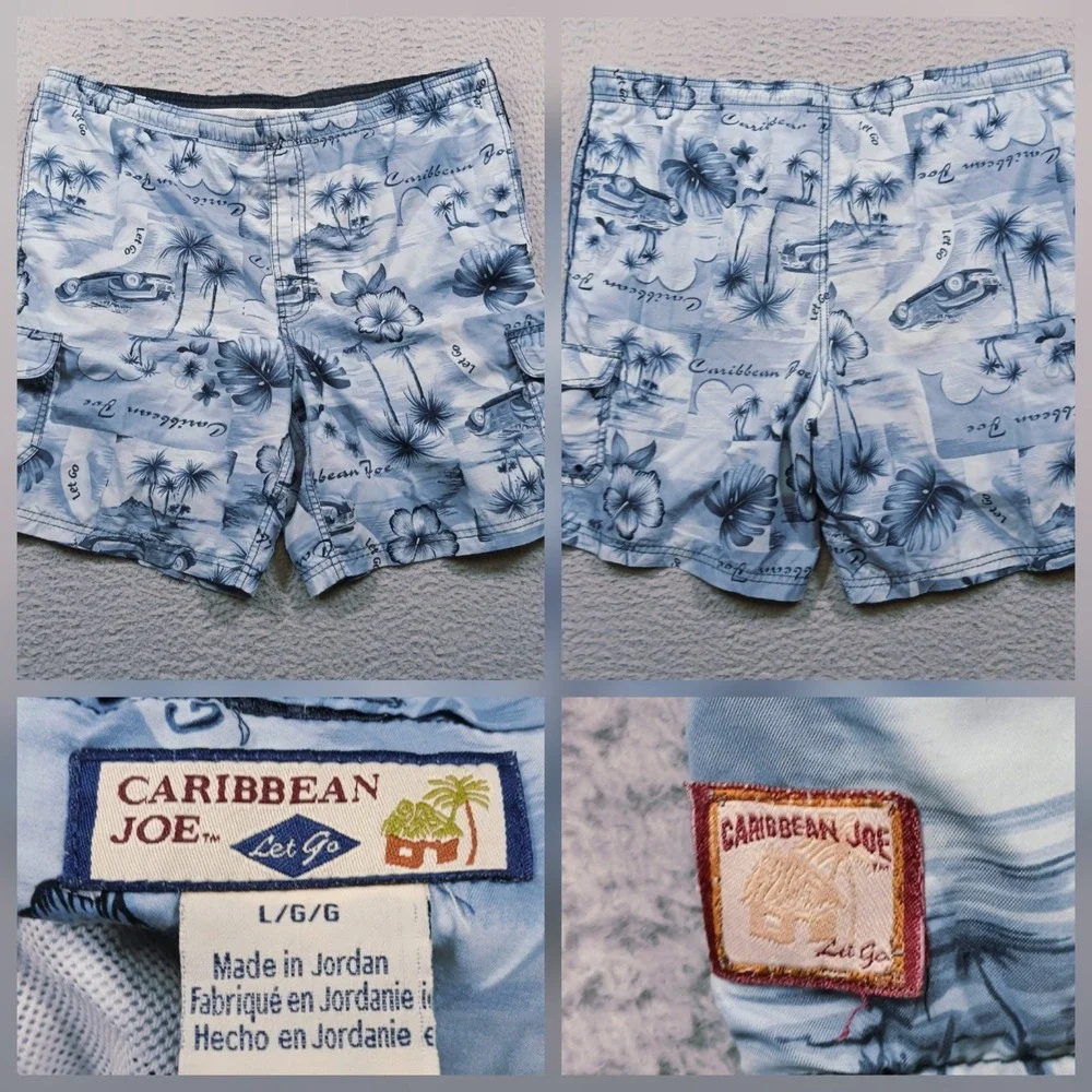 Caribbean Joe Mens L Blue Tropical Floral Island Life Board Swim‎ Shorts EUC